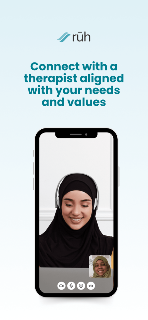 Smartphone screen showing a video therapy session on the Ruh Care app with a Muslim therapist wearing a hijab.