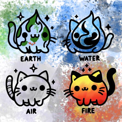 4 cats that represent the different elements, earth, water, air, and fire