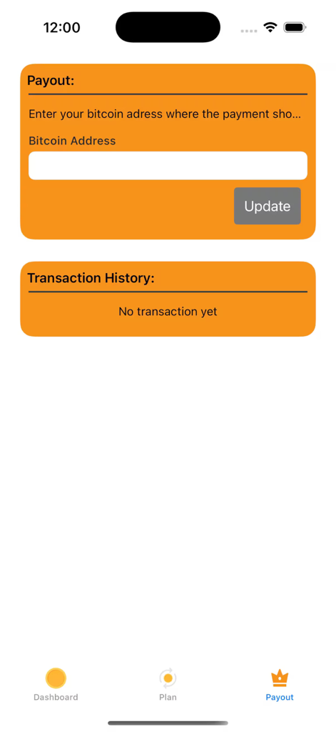 Écran de paiement de l'application Bitcoin Mining Cloud pour la saisie de l'adresse du portefeuille et l'historique des transactions.