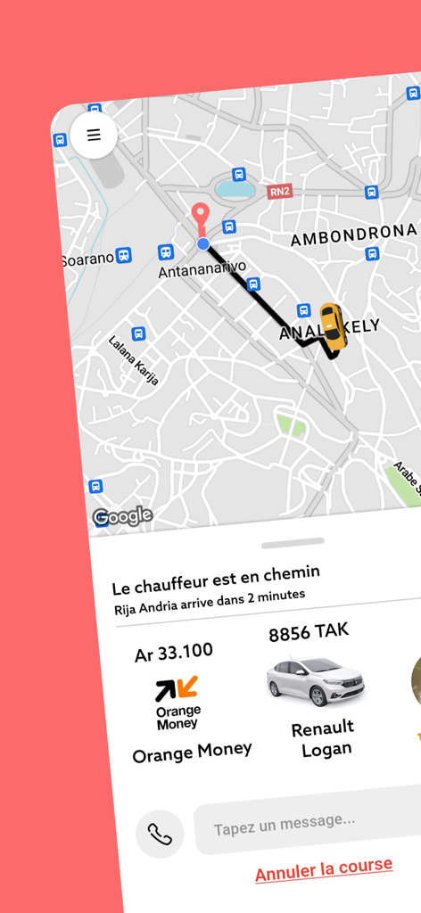 Misy - Interfaz de la aplicación Misy que muestra el seguimiento del viaje en tiempo real en un mapa con detalles del conductor e información de pago
