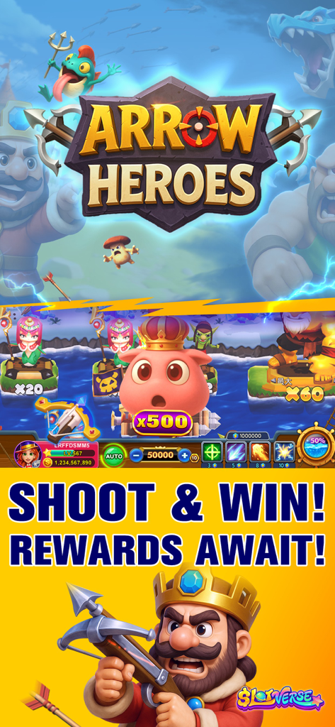 Arrow Heroes arcade shooting game interface in Slotverse featuring a king with a crossbow