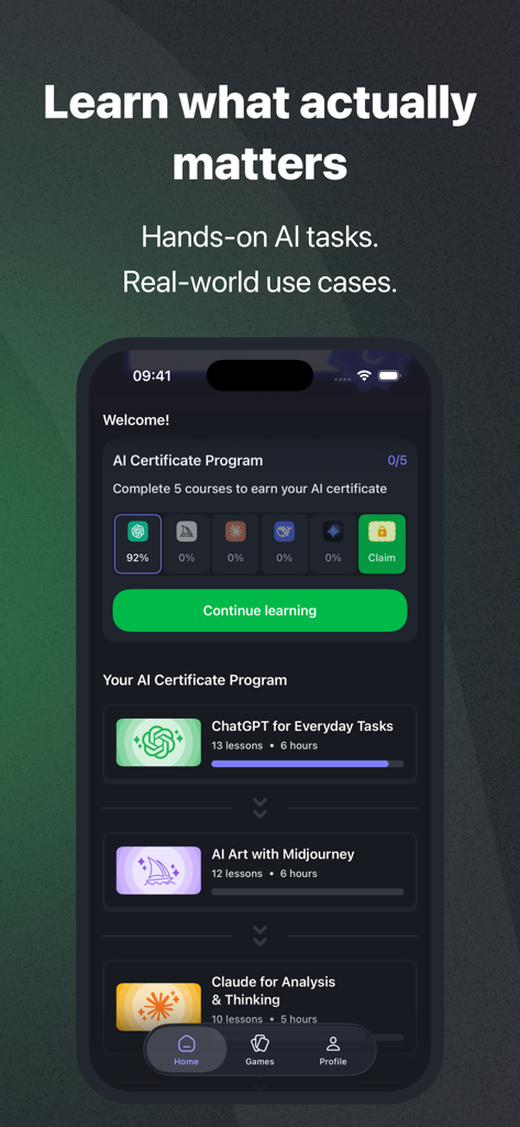 Painel do aplicativo móvel Coursiv mostrando o progresso do certificado de IA e caminhos de aprendizado estruturados para ChatGPT e Midjourney.