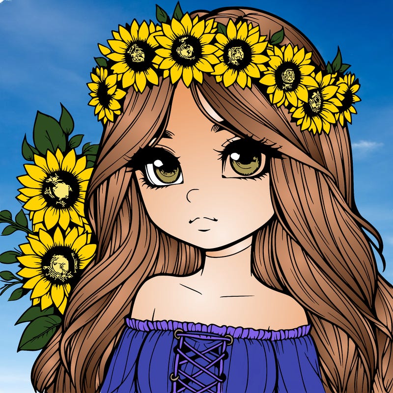 realistic girl with long hair and sunflower crown