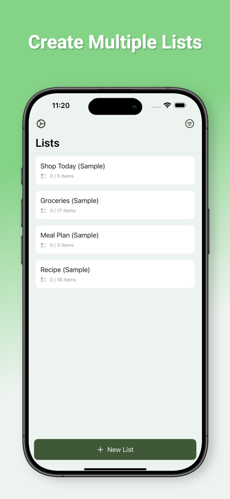 Shopping List : Shoppi - iPhone screen displaying the Shoppi app with a list of shopping categories like Groceries and Meal Plan