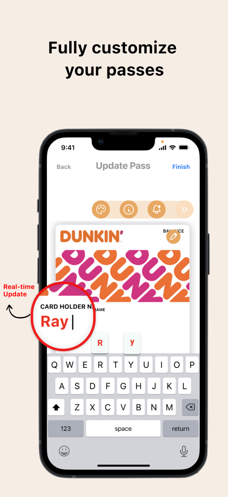 iPhone screen showing real-time customization of a digital Dunkin loyalty card in the Pass2U Wallet app.