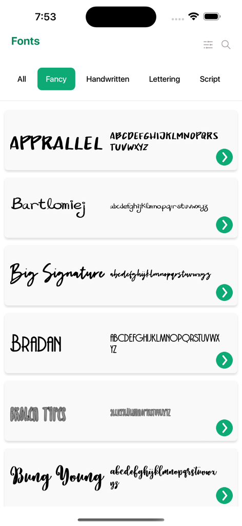 Fonts for DIY Space - Mobile app interface showing a list of fancy fonts including Apprallel and Big Signature for DIY crafting