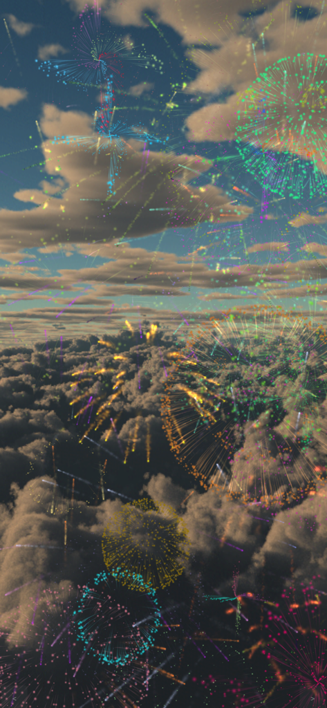 유아 감각 앱에서 구름 낀 하늘 위로 터지는 다채로운 불꽃놀이.