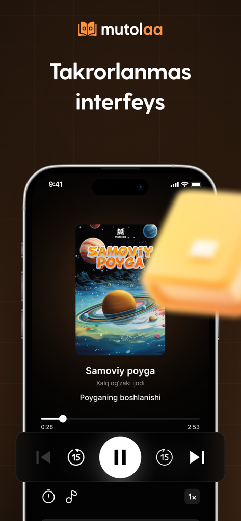 Mutolaa - Mutolaaアプリのオーディオブックプレーヤーインターフェース、スマートフォン画面にSamoviy poygaというタイトルのウズベクの書籍を表示