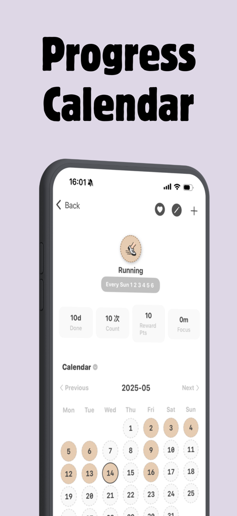 ShineDay habit tracker progress calendar screen showing monthly running stats