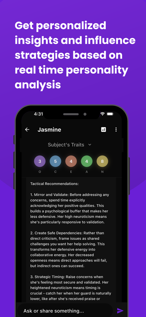 Influence AI - Interface of Influence AI app showing Big Five personality trait scores and tactical recommendations for social strategy