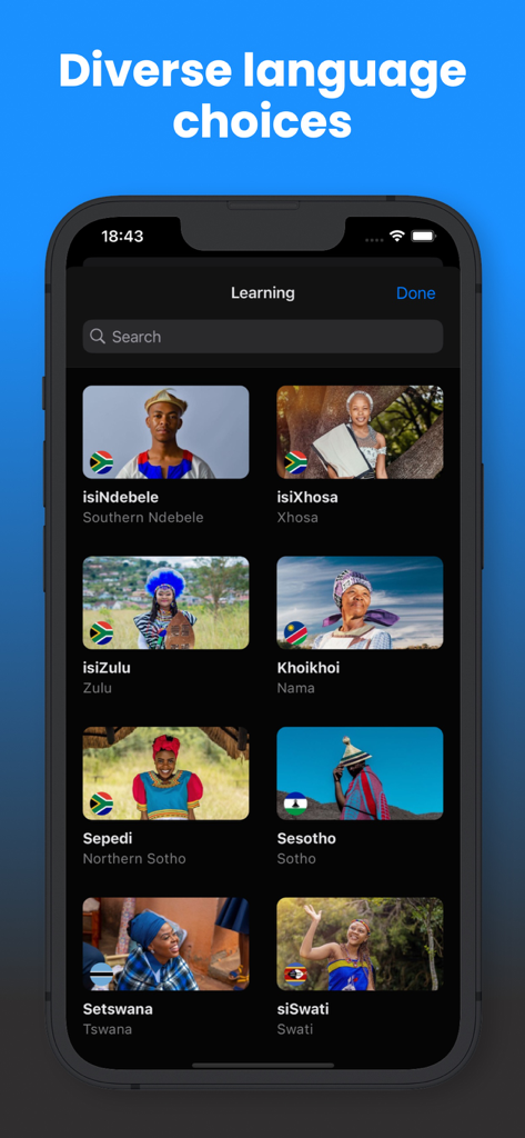 Angula - African languages - Mobile interface of Angula app showing a grid of African languages with representative cultural photos.