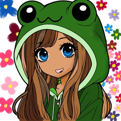 a pretty girl wearing a frog hoodie portrait with long hair