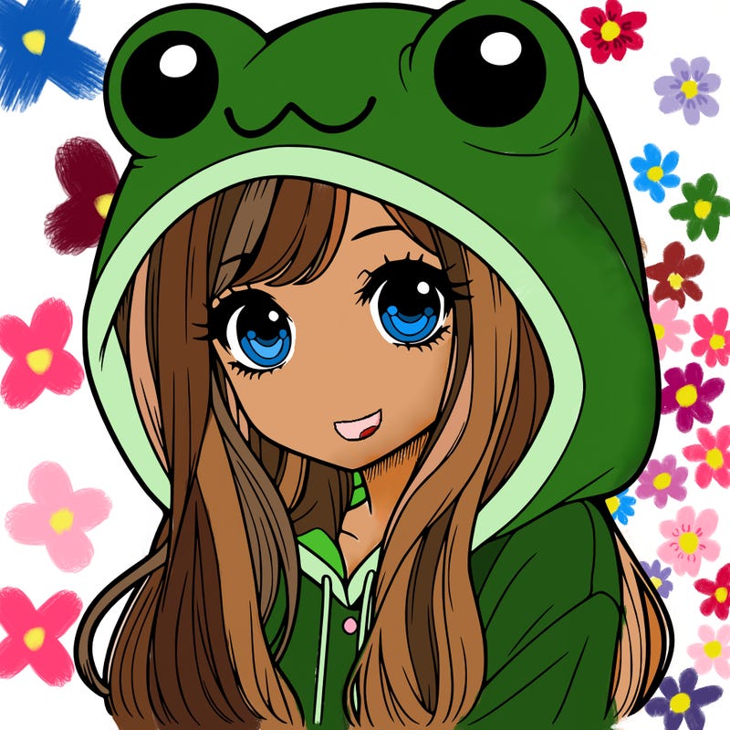 a pretty girl wearing a frog hoodie portrait with long hair