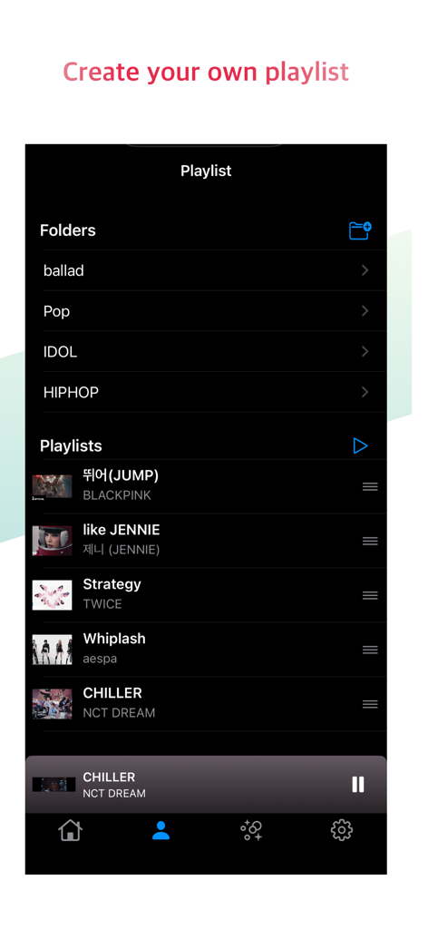 Interface of the K-Pop Tube app showing a user playlist with music folders and a list of K-pop songs