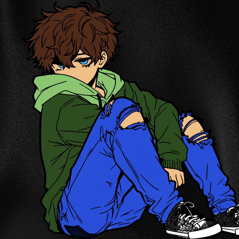 a male hoddie ripped jeans messy hair anime
