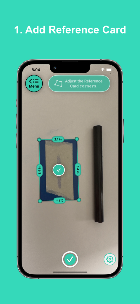 Screenshot showing how to add a reference card in the VisualRuler app to measure objects