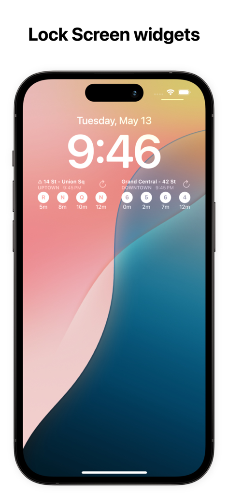 Subway Time NYC - iPhone lock screen displaying real-time NYC subway arrival widgets for Union Square and Grand Central stations