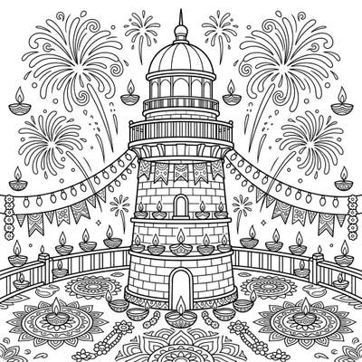 Embark on a festive coloring journey with this unique page, blending the stoic beauty of a brick lighthouse with the vibrant celebration of Diwali. Adorned with sparkling fireworks and traditional diyas, it offers a delightful challenge for all ages.