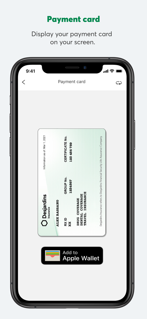 Omni by Desjardins - Digital insurance payment card shown in the Omni by Desjardins app with an option to add to Apple Wallet