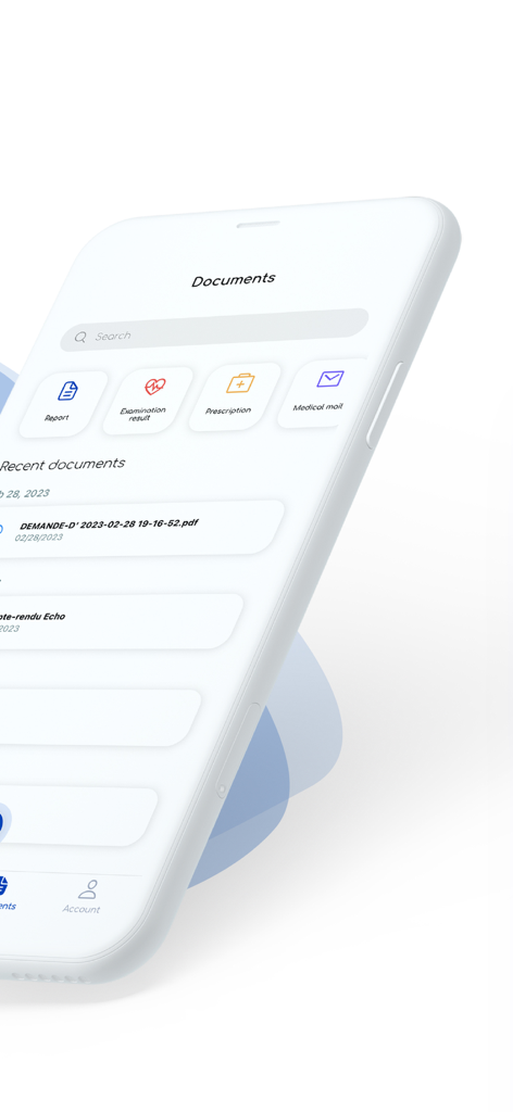 CardioParc - Interface of the CardioParc app showing the medical documents section with categories for reports and prescriptions
