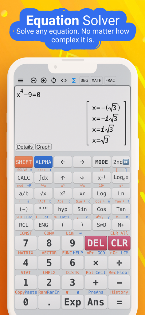 NCalc scientific calculator app interface solving a complex algebraic equation on a smartphone screen