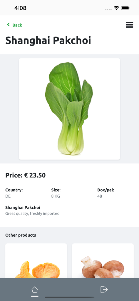 Mitrofresh - Product page for Shanghai Pakchoi in the Mitrofresh wholesale app showing price and size
