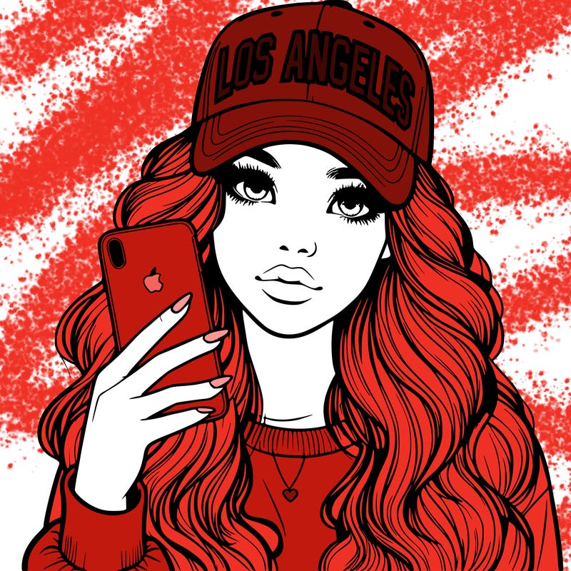 realistic beautiful girl wearing los ángeles cap holding an iphone
