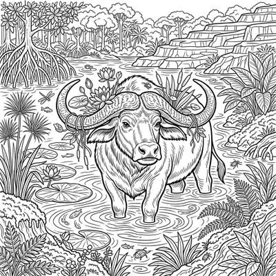 Immerse yourself in this stunning full scene featuring a majestic water buffalo amidst a vibrant wetland. Discover intricate details of aquatic plants, diverse wildlife, and a serene natural landscape waiting for your artistic touch.