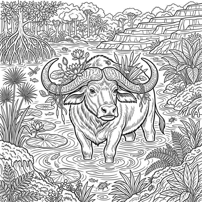 Immerse yourself in this stunning full scene featuring a majestic water buffalo amidst a vibrant wetland. Discover intricate details of aquatic plants, diverse wildlife, and a serene natural landscape waiting for your artistic touch.