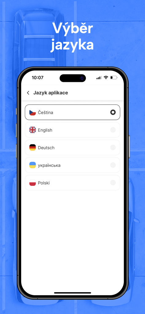 ParkSimply - Language selection screen in the ParkSimply app showing options for Czech English German Ukrainian and Polish