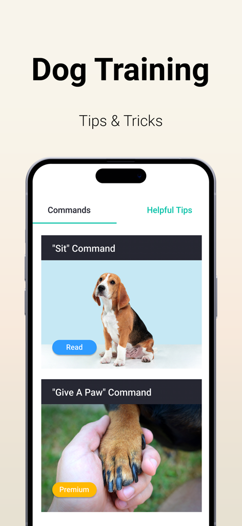 Interface de aplicativo móvel mostrando comandos de treinamento de cães, incluindo sentar e dar a pata com dicas e truques.