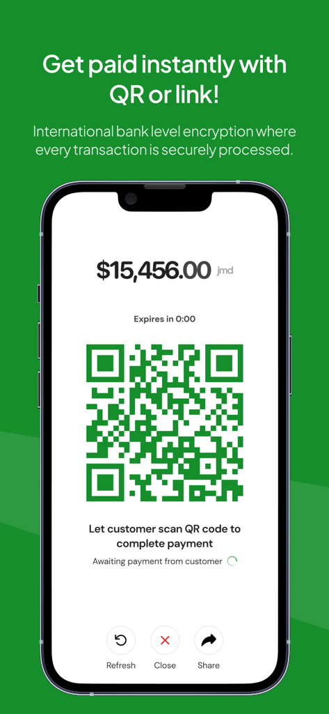 HandyPay - Pantalla de la aplicación HandyPay que muestra una interfaz segura de código QR y enlace de pago para una transacción en dólares jamaicanos