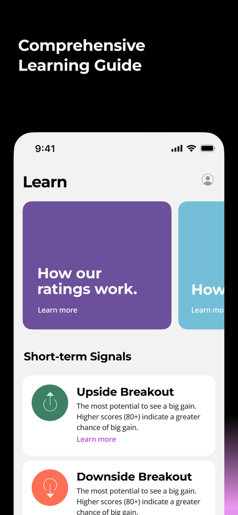 Prospero.Ai - AI Stock Trading - Prospero.Ai app interface showing the comprehensive learning guide and short-term trading signals