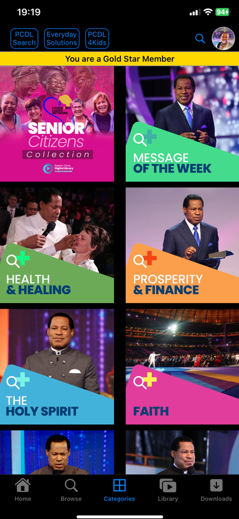 Pastor Chris Digital Library - The categories screen of the Pastor Chris Digital Library app displaying spiritual topics like health prosperity and faith