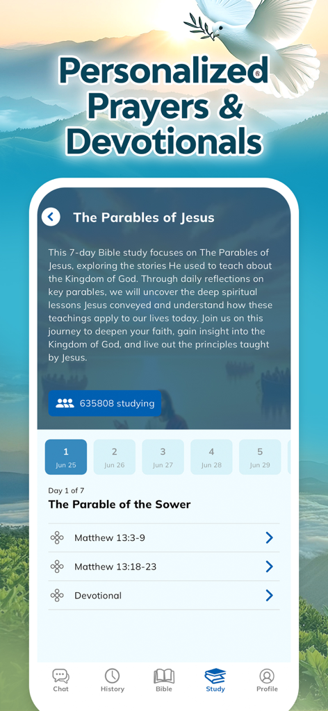 Bible Chat: Study・Daily Verse - Bible Chat app interface showing a personalized 7-day Bible study plan for The Parables of Jesus.