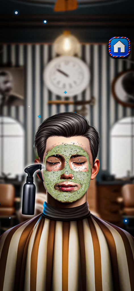 Hair Cuttery Barber Shop Games - バーバーショップのシミュレーションゲームで、緑色のフェイシャルマスクのトリートメントを受けているキャラクター。