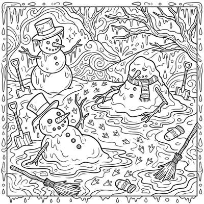 Witness the whimsical and poignant end of winter with our melting snowmen coloring page. This intricate design captures the beauty of nature's transition, perfect for thoughtful coloring.