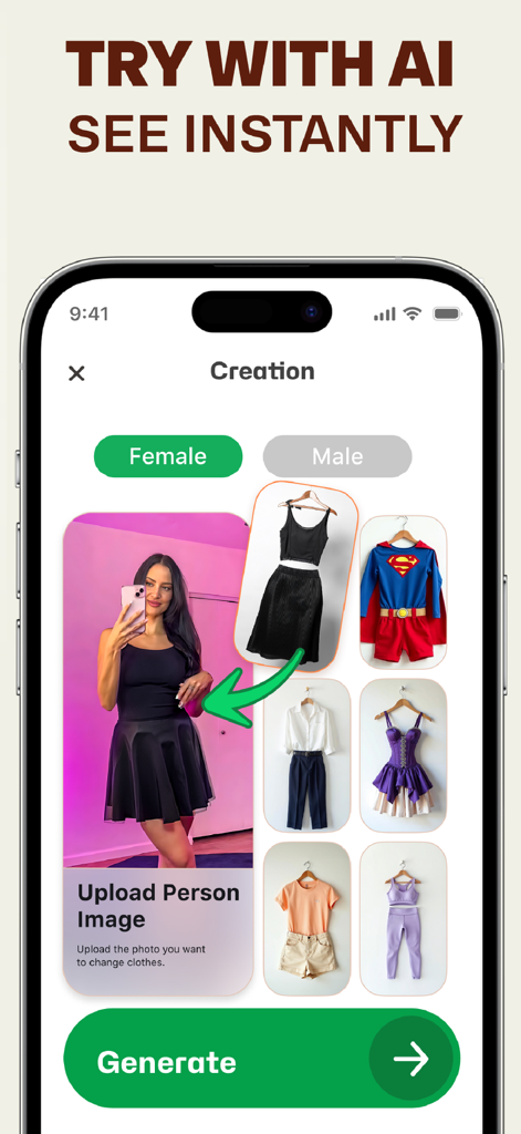 Clothy: AI Clothes Changer - Interfaz de la aplicación Clothy mostrando a un usuario seleccionando un nuevo atuendo para una prueba virtual con IA.