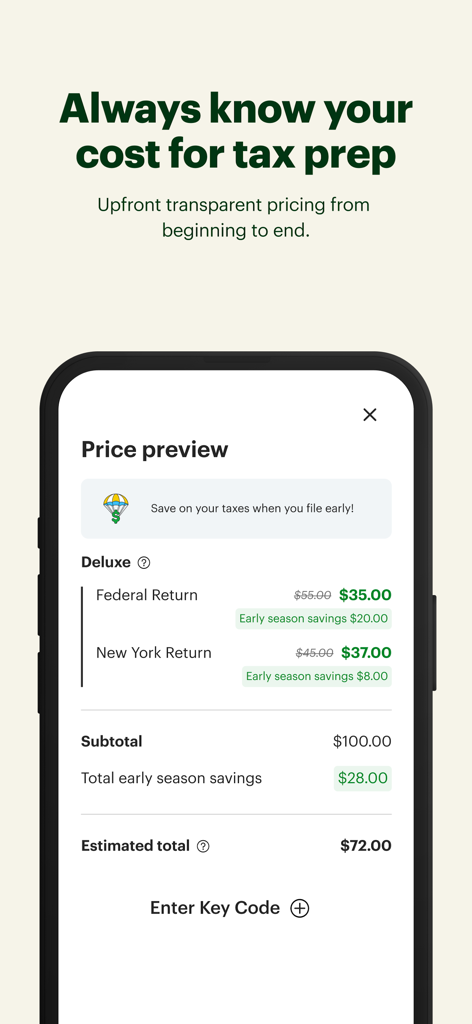 A mobile app screen from H&R Block showing transparent pricing and early season savings for federal and state tax returns.