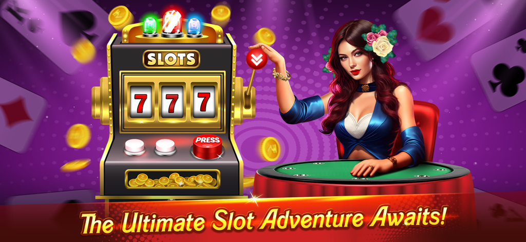 Una máquina tragamonedas que muestra sietes de la suerte junto a una mujer sentada en una mesa de juego con monedas de oro cayendo