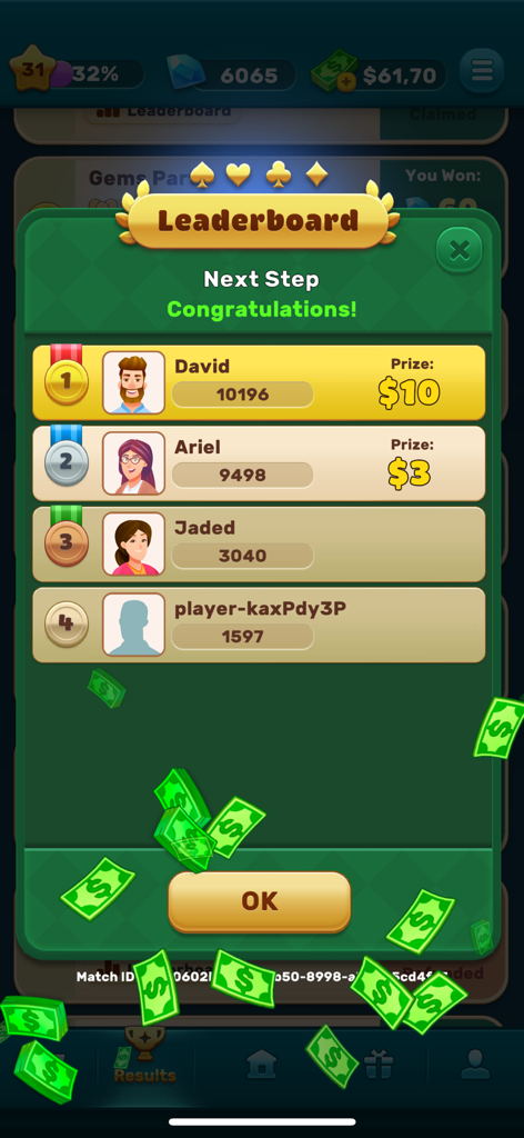 EasyWin: Solitaire & Real cash - Quadro de líderes do EasyWin Solitaire mostrando os principais vencedores e prêmios em dinheiro com efeitos de dinheiro caindo