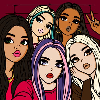 group of teen girls friends y2k up close in a selfie