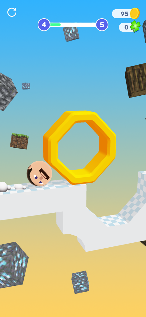 Hopping Heads: Scream & Shout - Ein Charakterkopf springt durch einen großen gelben Ring in einer blockigen Himmelsumgebung in Hopping Heads.