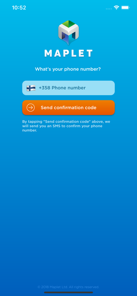 Maplet - Maplet mobile app login screen for phone number verification and SMS confirmation
