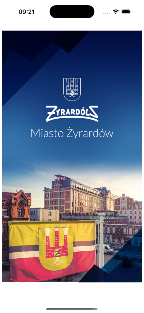 Miasto Żyrardów - Splash screen of the Miasto Żyrardów mobile app showing the city flag and historical buildings