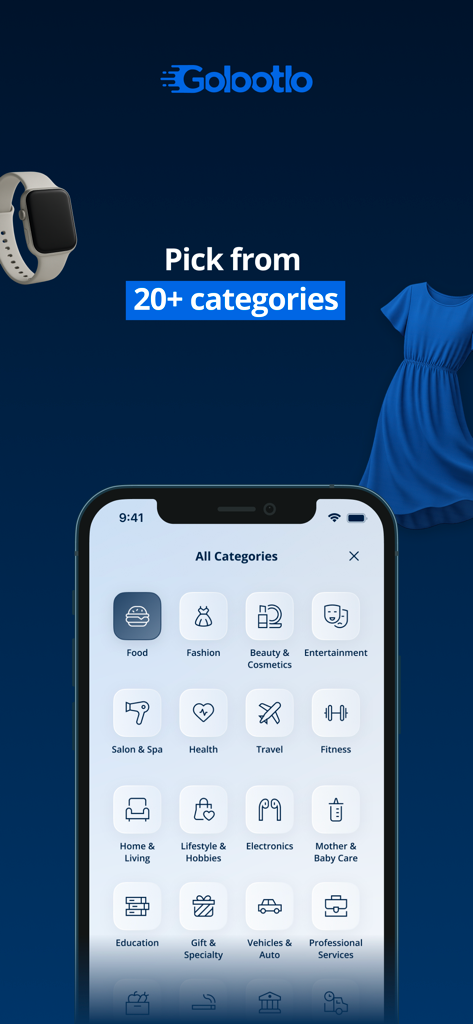 Golootlo mobile app screen showing various discount categories like food fashion and travel