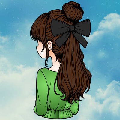 realistic girl  with hip length hair a bun and a big bow on the back of head