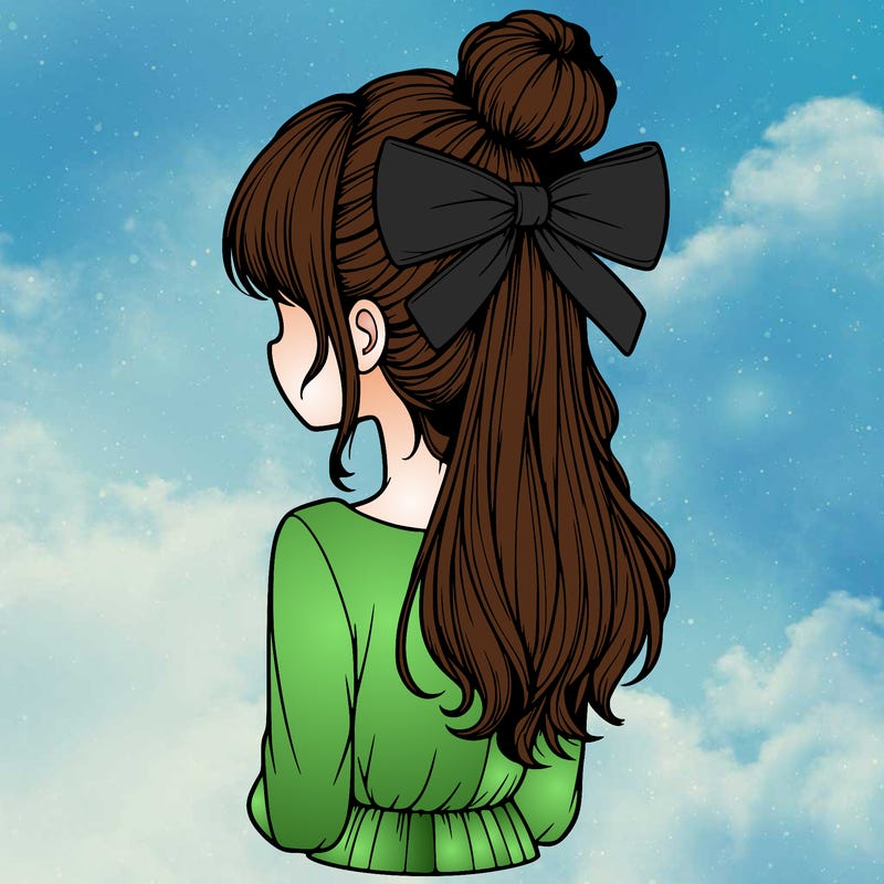 realistic girl  with hip length hair a bun and a big bow on the back of head