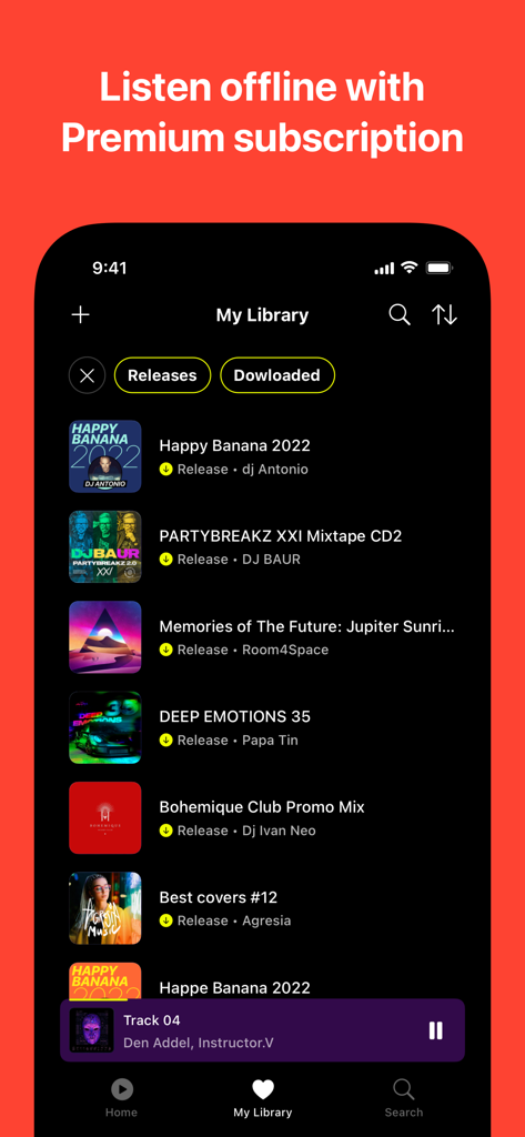 Bananastreet app My Library screen showing various EDM DJ mixes available for offline listening with a premium subscription.