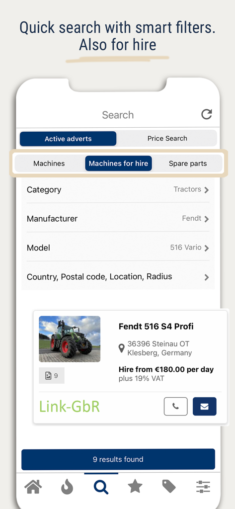 tractorpool - Interfaz de búsqueda de la app tractorpool que muestra filtros para maquinaria agrícola y alquiler de tractores